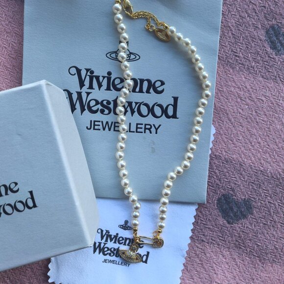 Women's White One Row Pearl Safety Pin Gold Orb Necklace - Picture 1 of 6